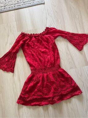 Temptation Positano Barren Mini Dress red Eyelet Lace Linen Small Off Shoulder